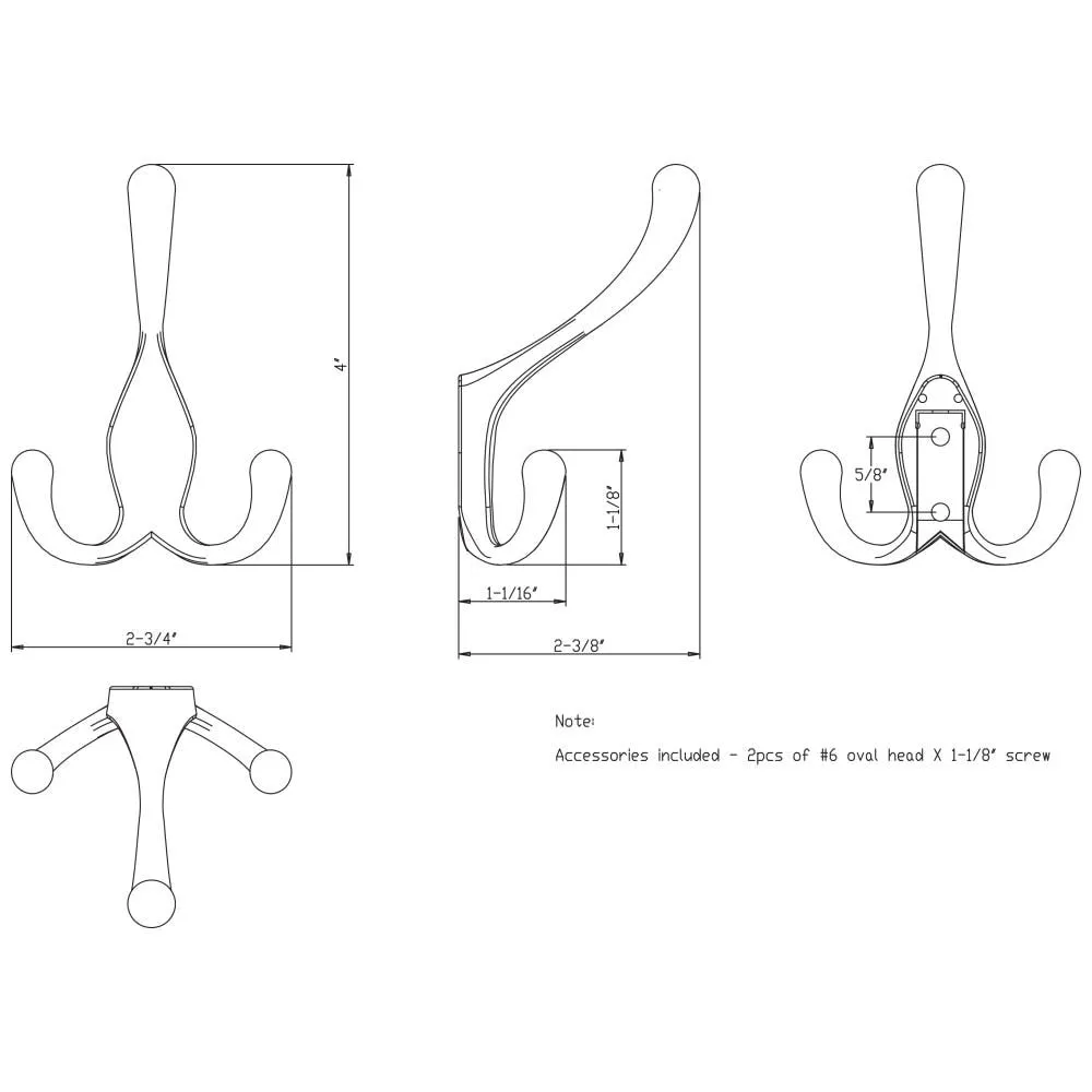 4" Satin Nickel Large Triple Prong Wall Mounted Hook