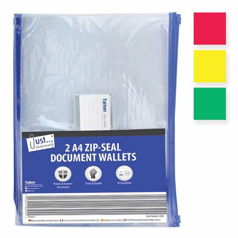 A4 Zip Top Document Wallets - 2 Pack Assorted Colours Office File Organizer