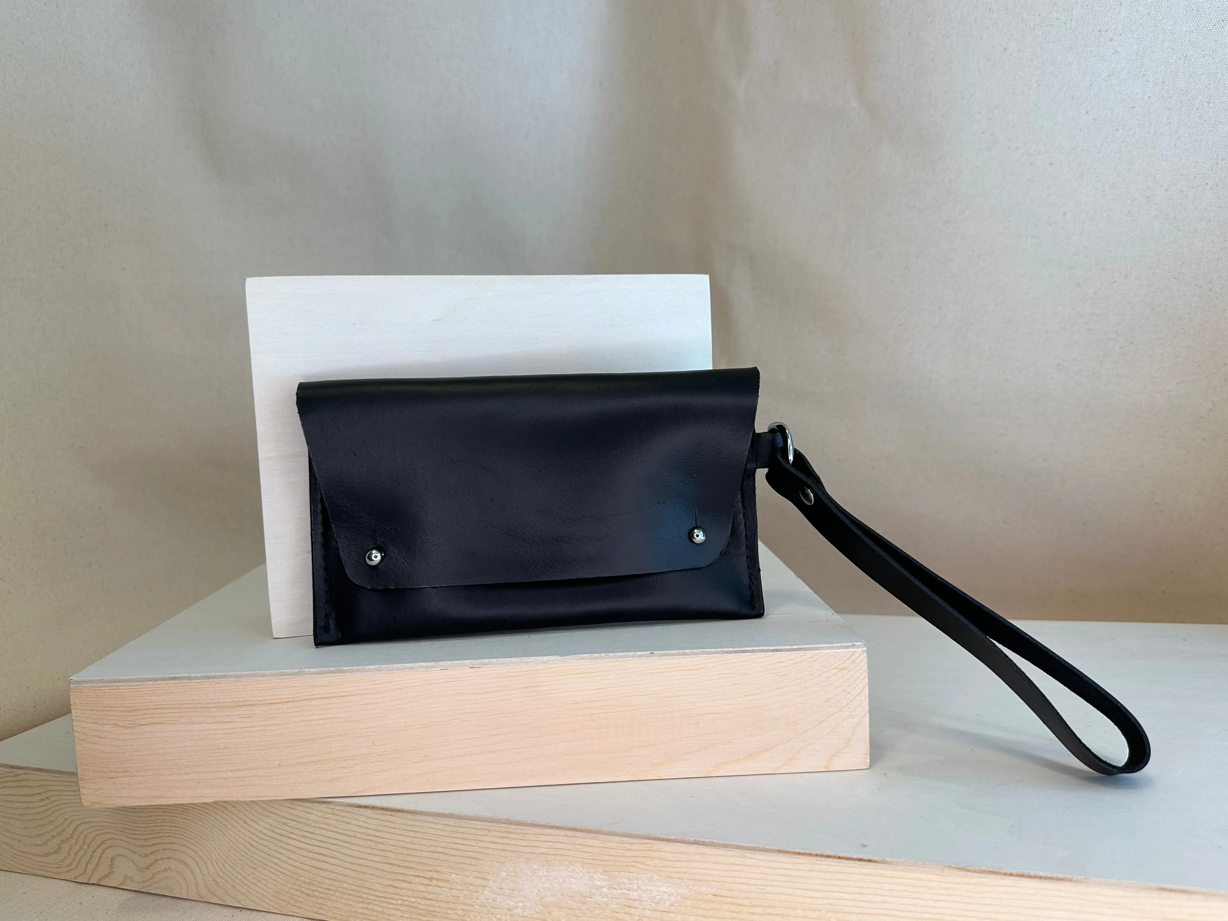 Black Handstitched Leather Clutch