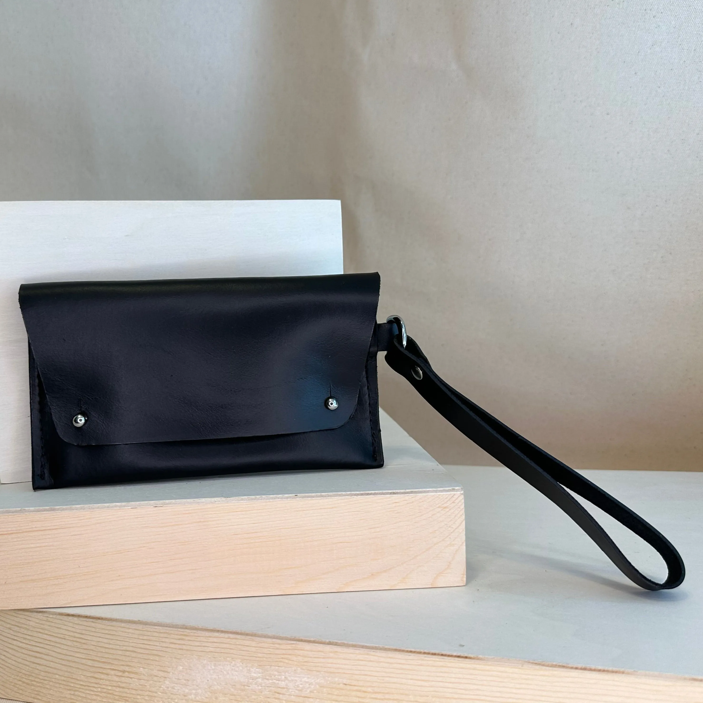 Black Handstitched Leather Clutch