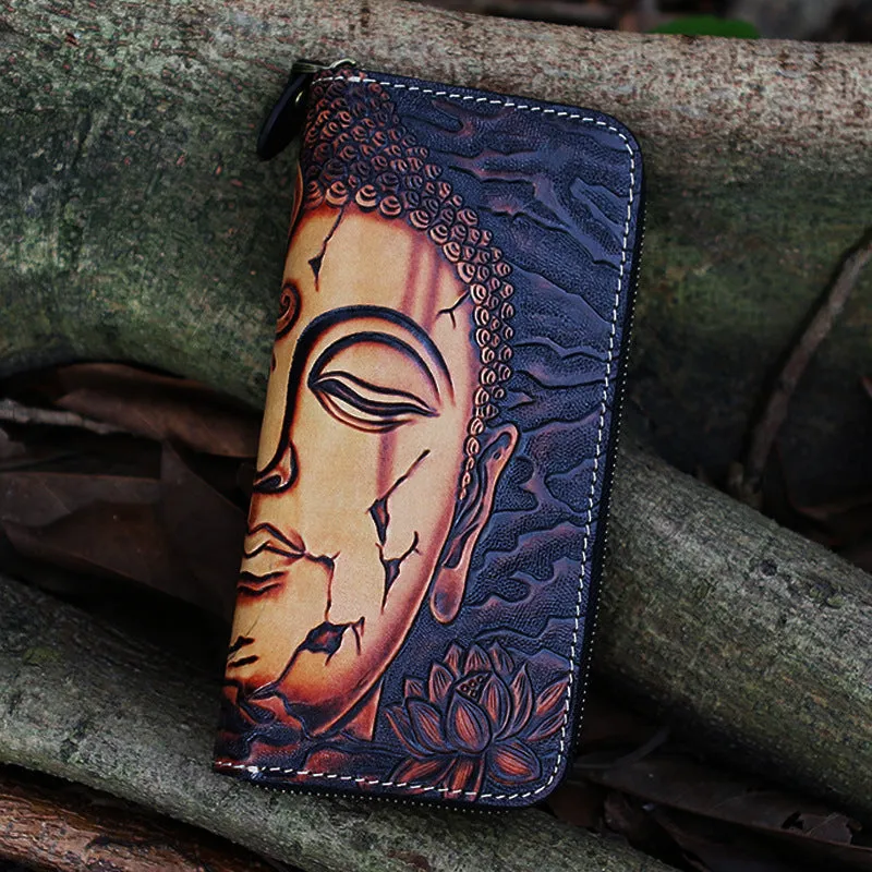 Black Tooled Buddha Leather Wallets Handmade Zipper Long Wallets For Men