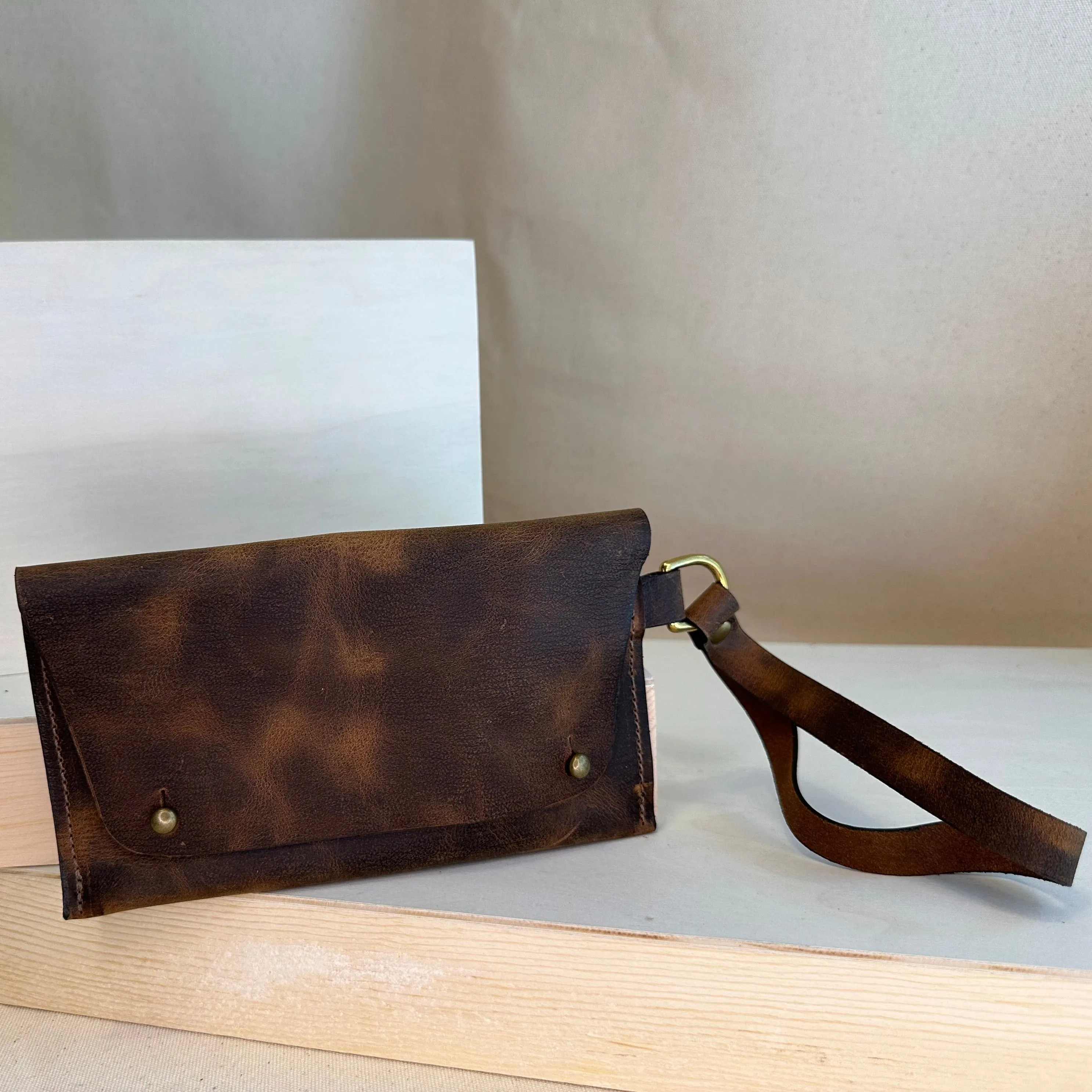 Brown Pull Up Handstitched Leather Clutch