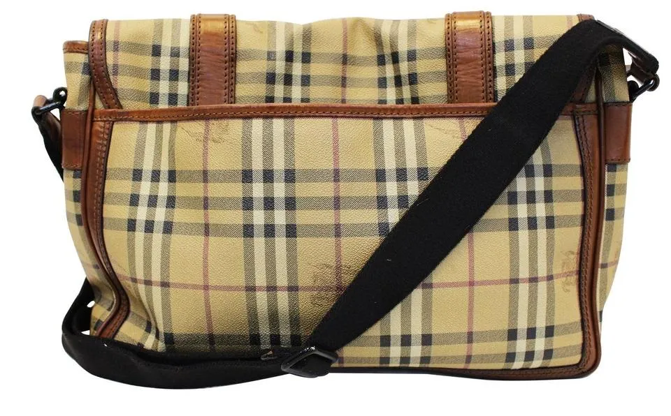 Burberry Messenger Horseferry Check Travel Tan Leather Shoulder Bag