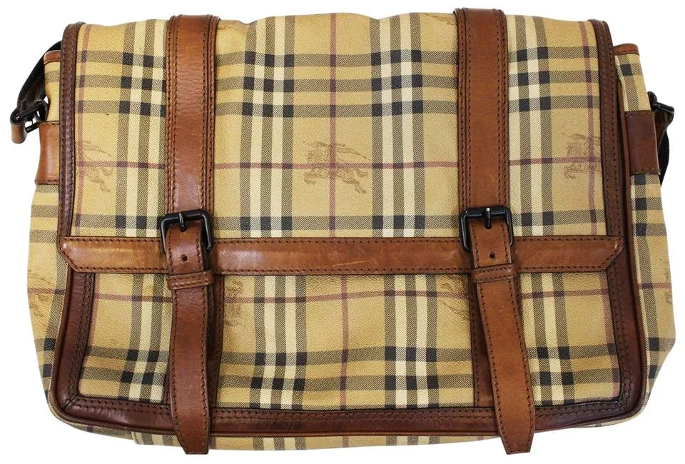 Burberry Messenger Horseferry Check Travel Tan Leather Shoulder Bag