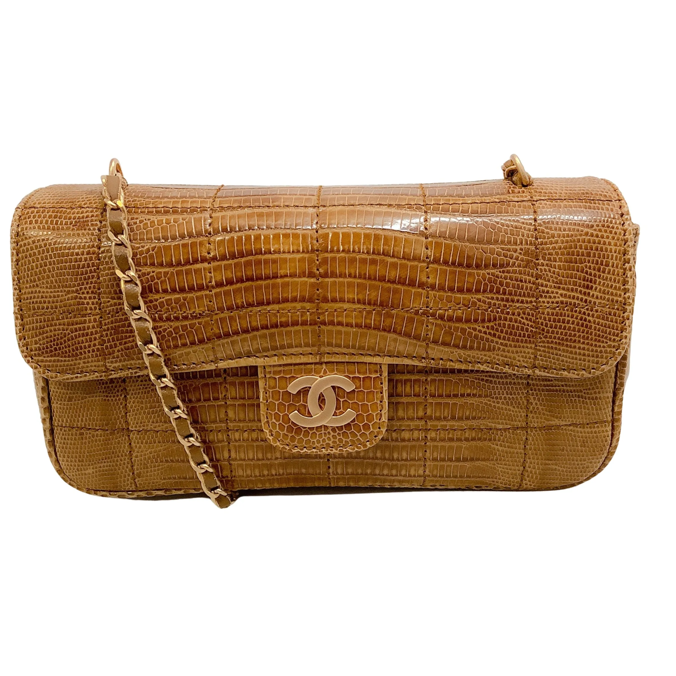 Chanel Vintage Flap Beige Lizard Skin Leather Cross Body Bag