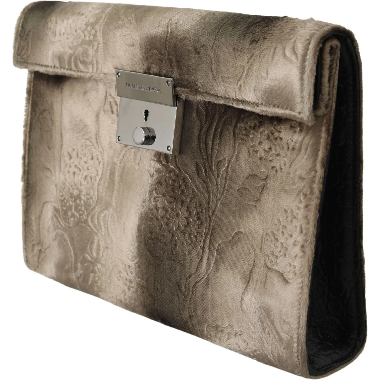 Dolce & Gabbana Beige Velvet Croco-Print Leather Briefcase Clutch