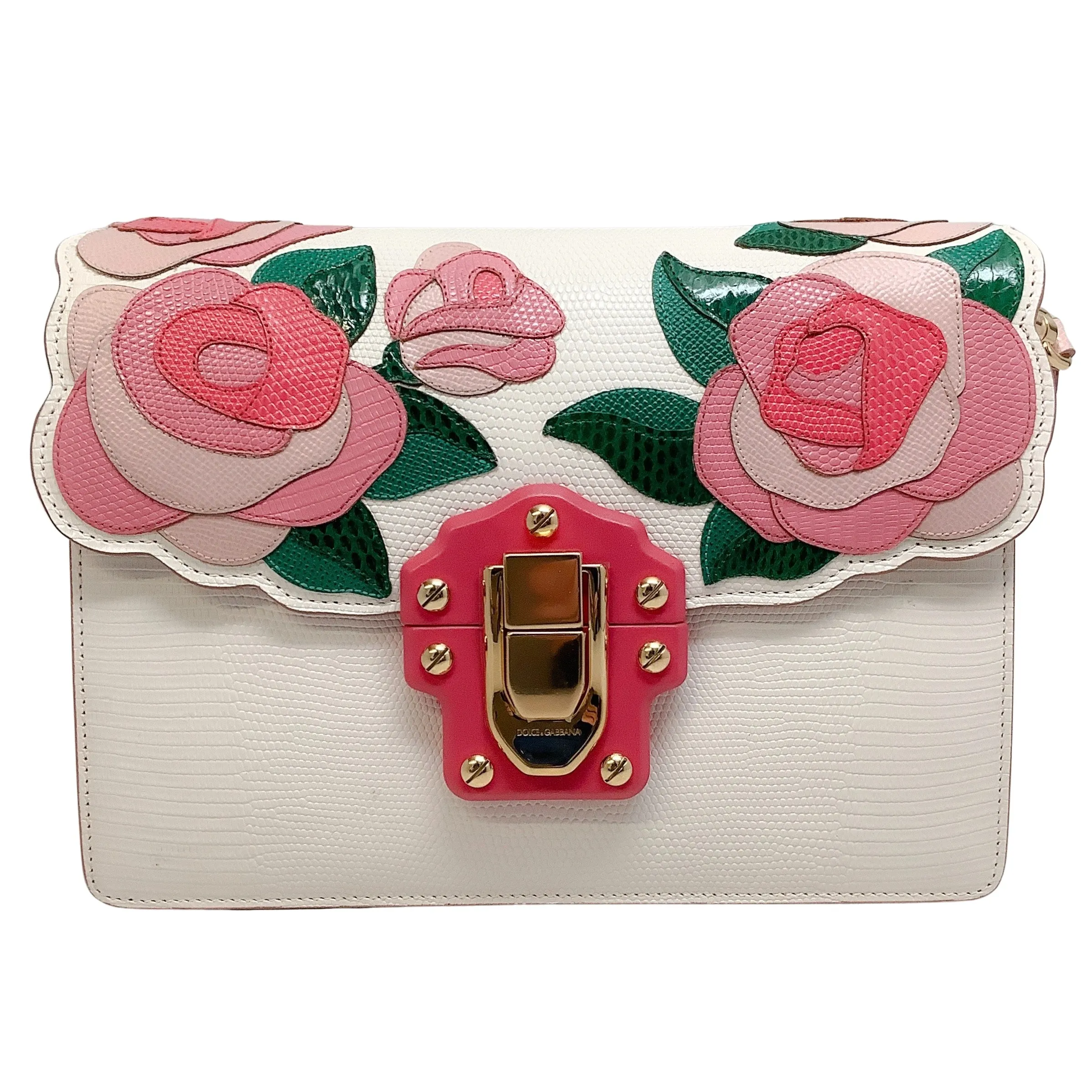 Dolce & Gabbana Pink Roses Lucia Ivory Lizard Skin Leather Shoulder Bag