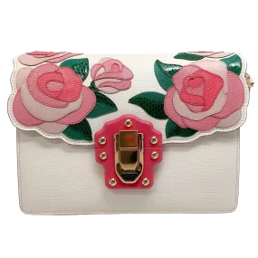 Dolce & Gabbana Pink Roses Lucia Ivory Lizard Skin Leather Shoulder Bag