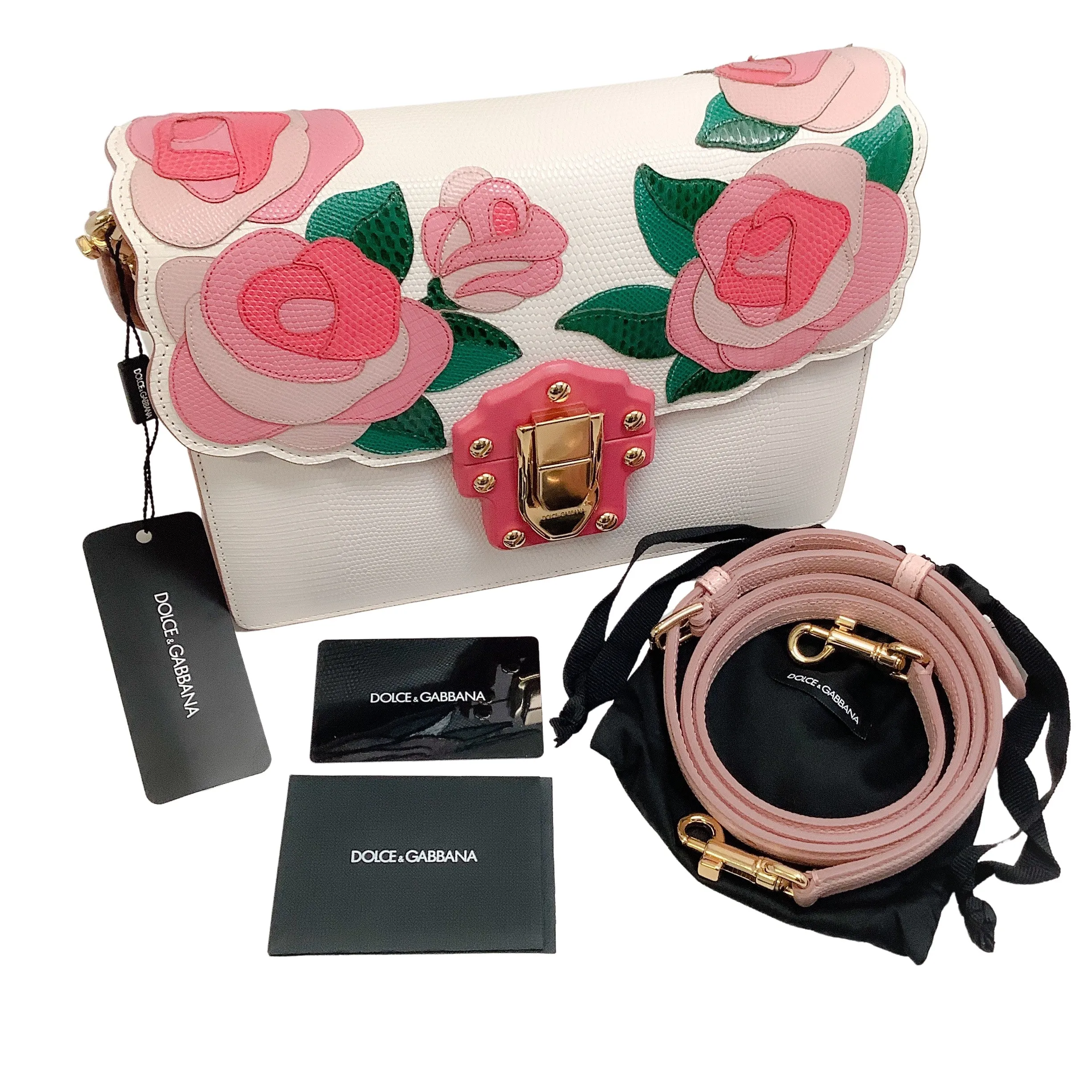 Dolce & Gabbana Pink Roses Lucia Ivory Lizard Skin Leather Shoulder Bag