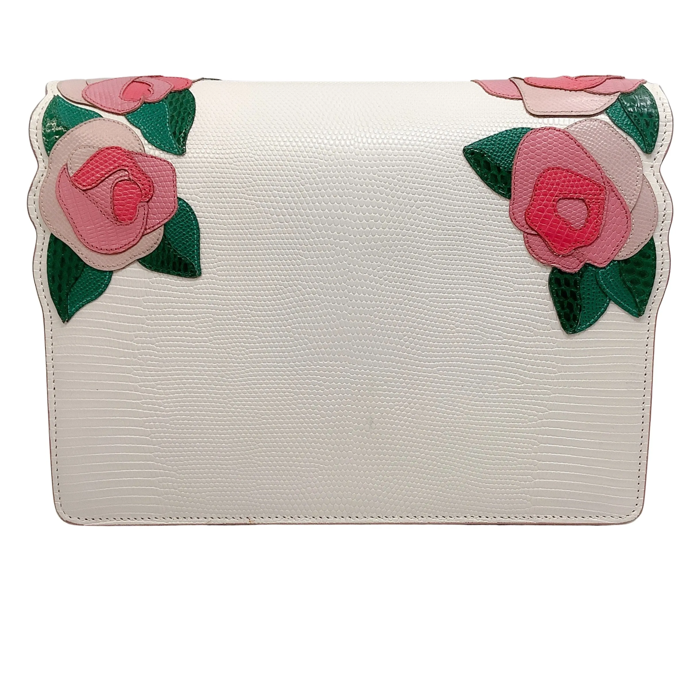 Dolce & Gabbana Pink Roses Lucia Ivory Lizard Skin Leather Shoulder Bag