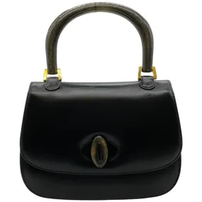 Gucci Vintage Black Leather Wood Top Handle Bag