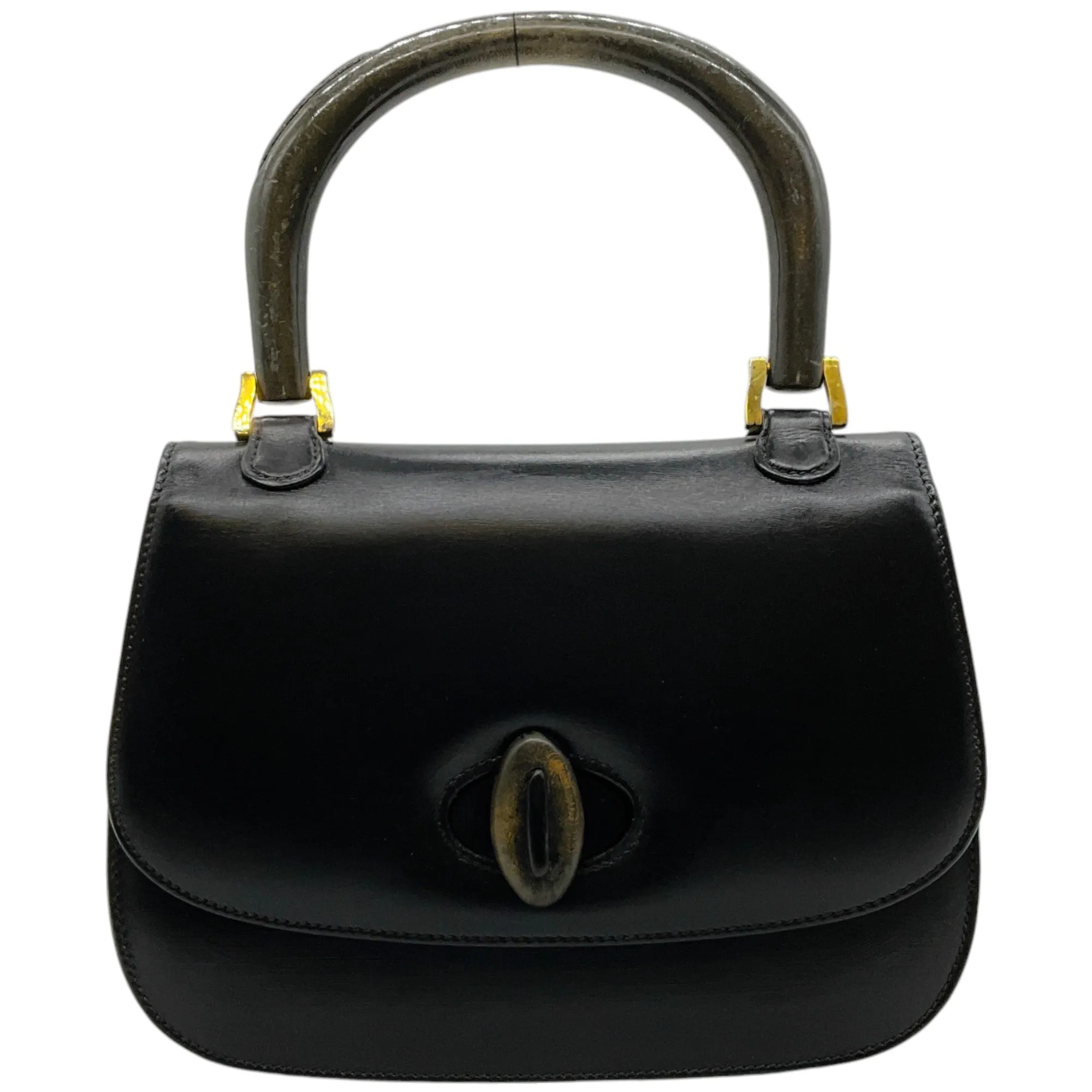 Gucci Vintage Black Leather Wood Top Handle Bag