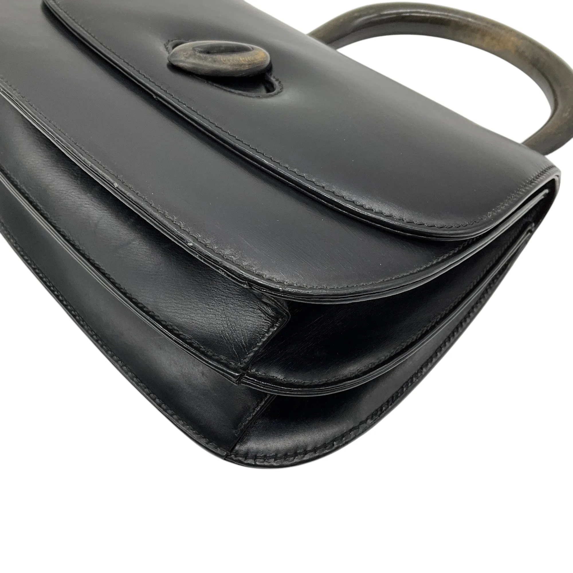 Gucci Vintage Black Leather Wood Top Handle Bag