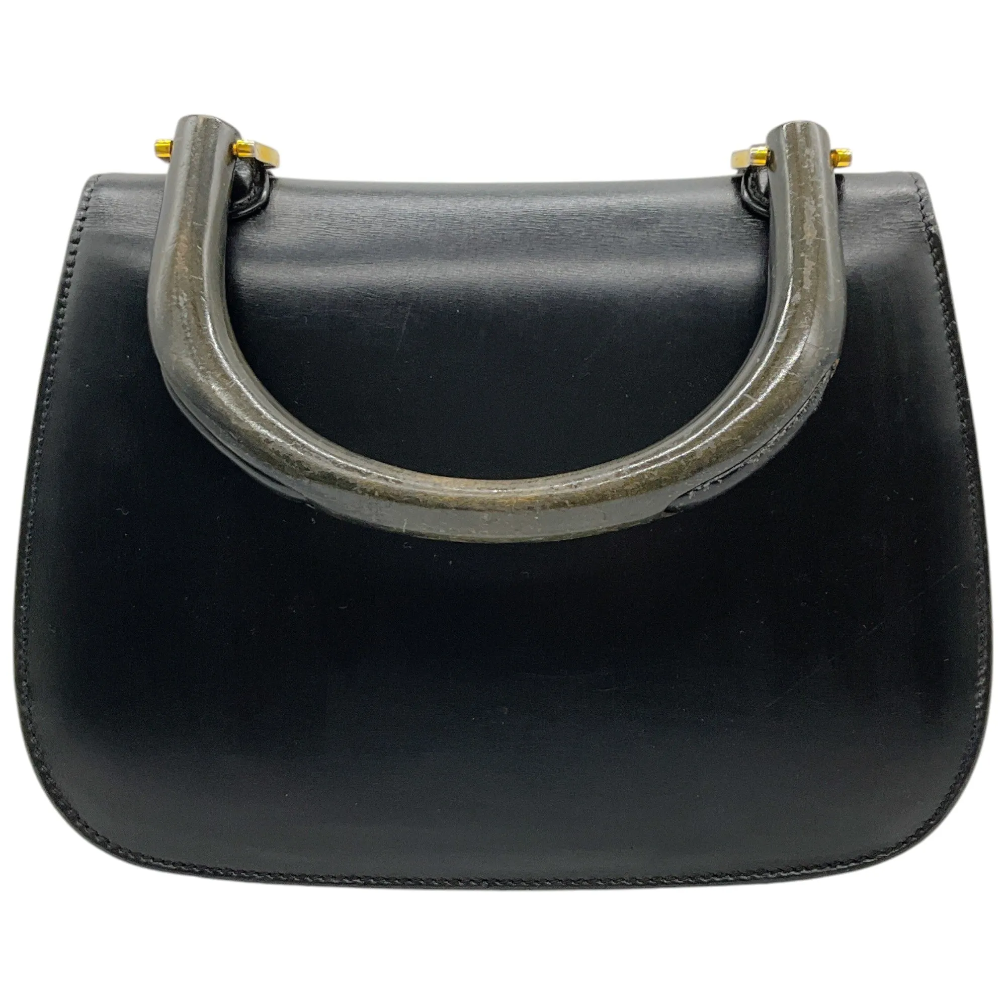 Gucci Vintage Black Leather Wood Top Handle Bag