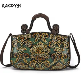 Handmade Genuine Leather Women's Top-handle Shoulder Bag with Intricate Embossed Print