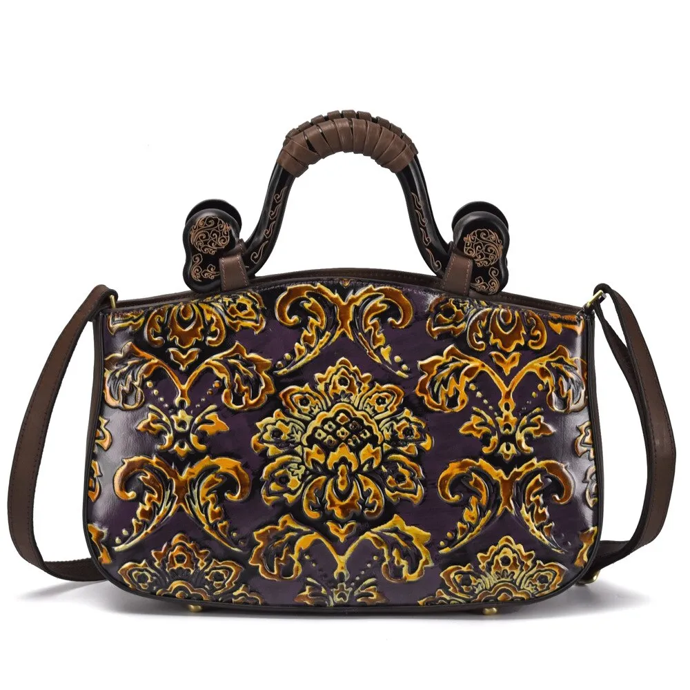 Handmade Genuine Leather Women's Top-handle Shoulder Bag with Intricate Embossed Print