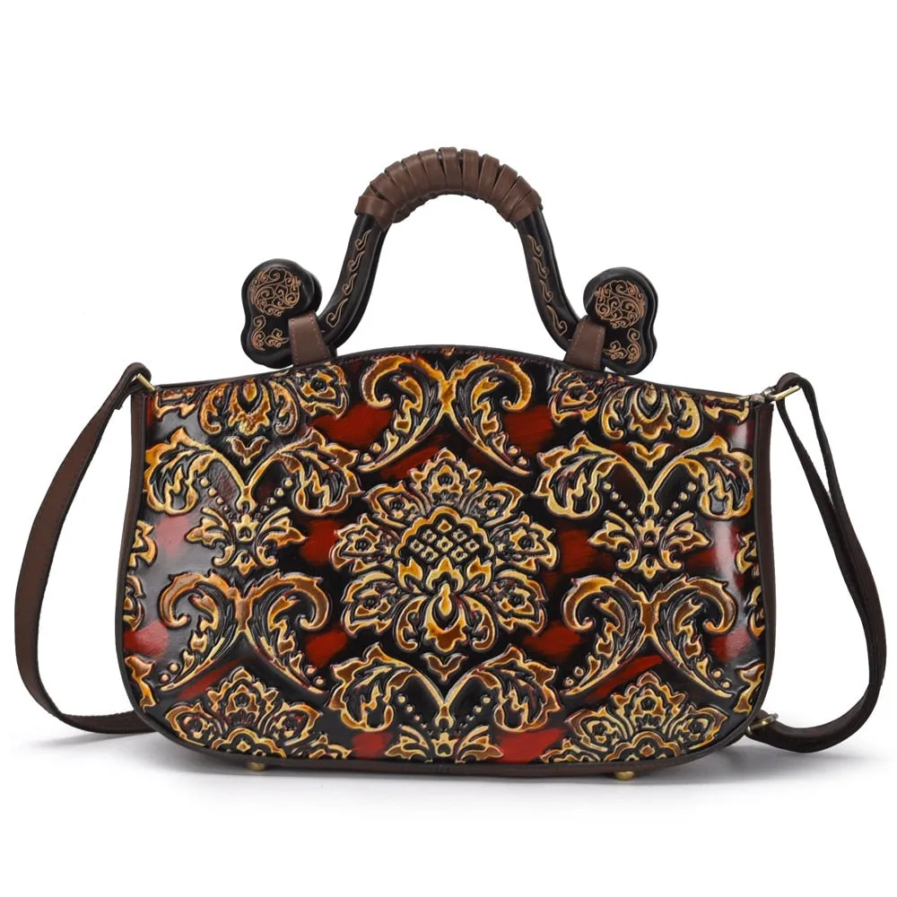 Handmade Genuine Leather Women's Top-handle Shoulder Bag with Intricate Embossed Print