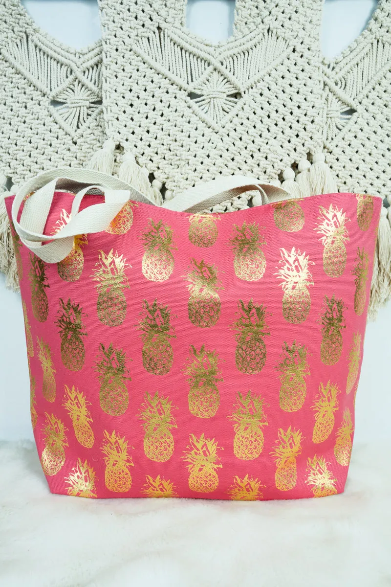 Large Metallic Gold Pineapple Shoulder Travel Tote