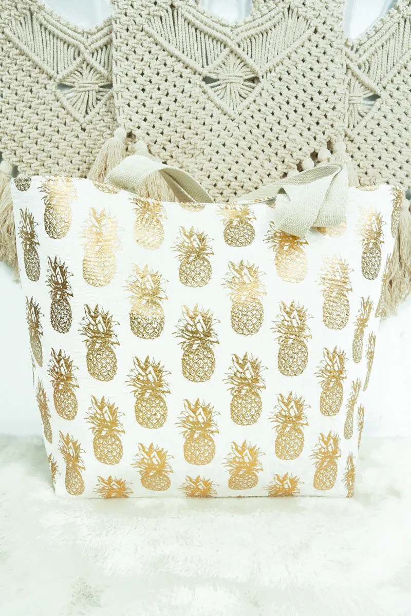 Large Metallic Gold Pineapple Shoulder Travel Tote