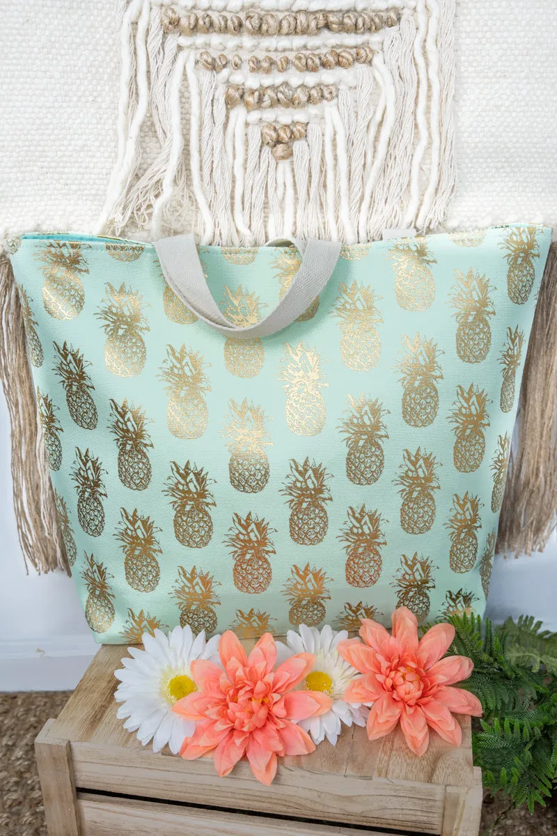 Large Metallic Gold Pineapple Shoulder Travel Tote