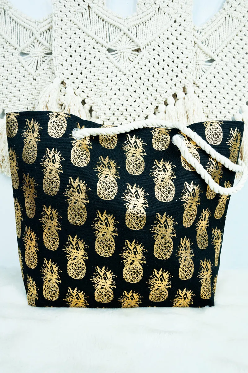 Large Metallic Gold Pineapple Shoulder Travel Tote