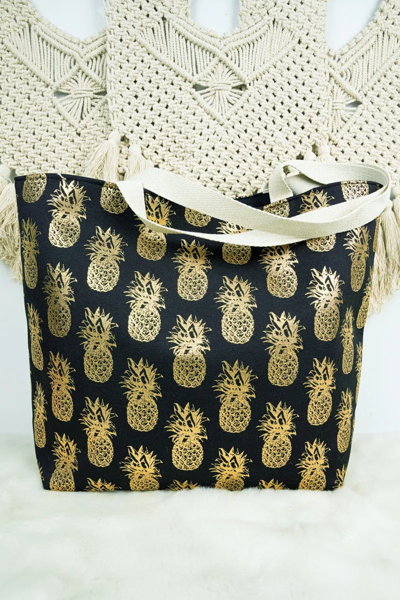 Large Metallic Gold Pineapple Shoulder Travel Tote