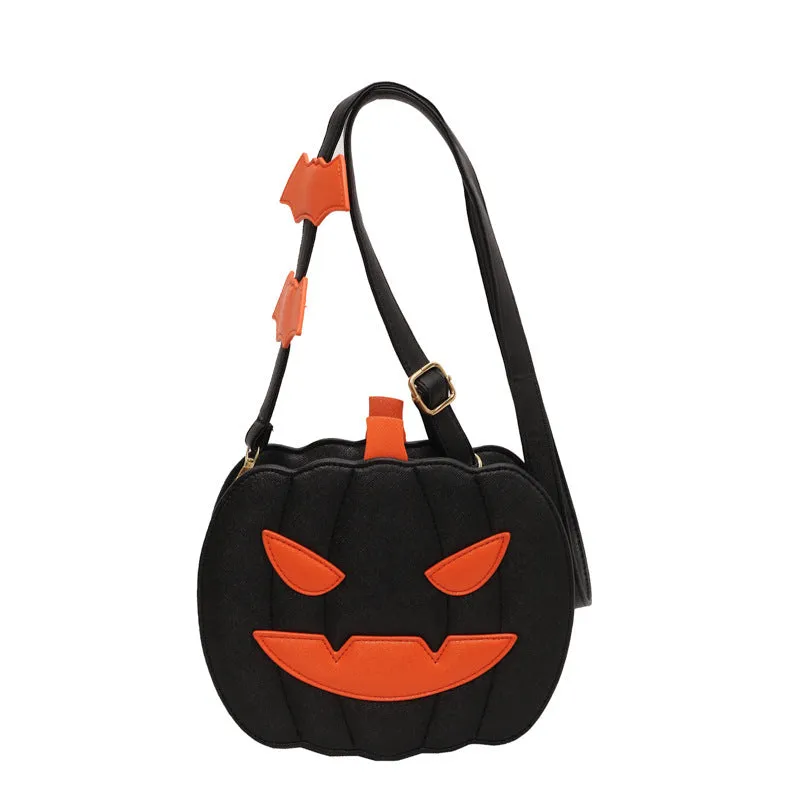 Pumpkin Cartoon Shoulder Bag – Creative Halloween Crossbody Bag with Bat