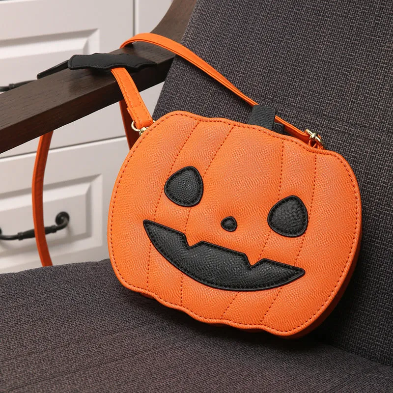 Pumpkin Cartoon Shoulder Bag – Creative Halloween Crossbody Bag with Bat