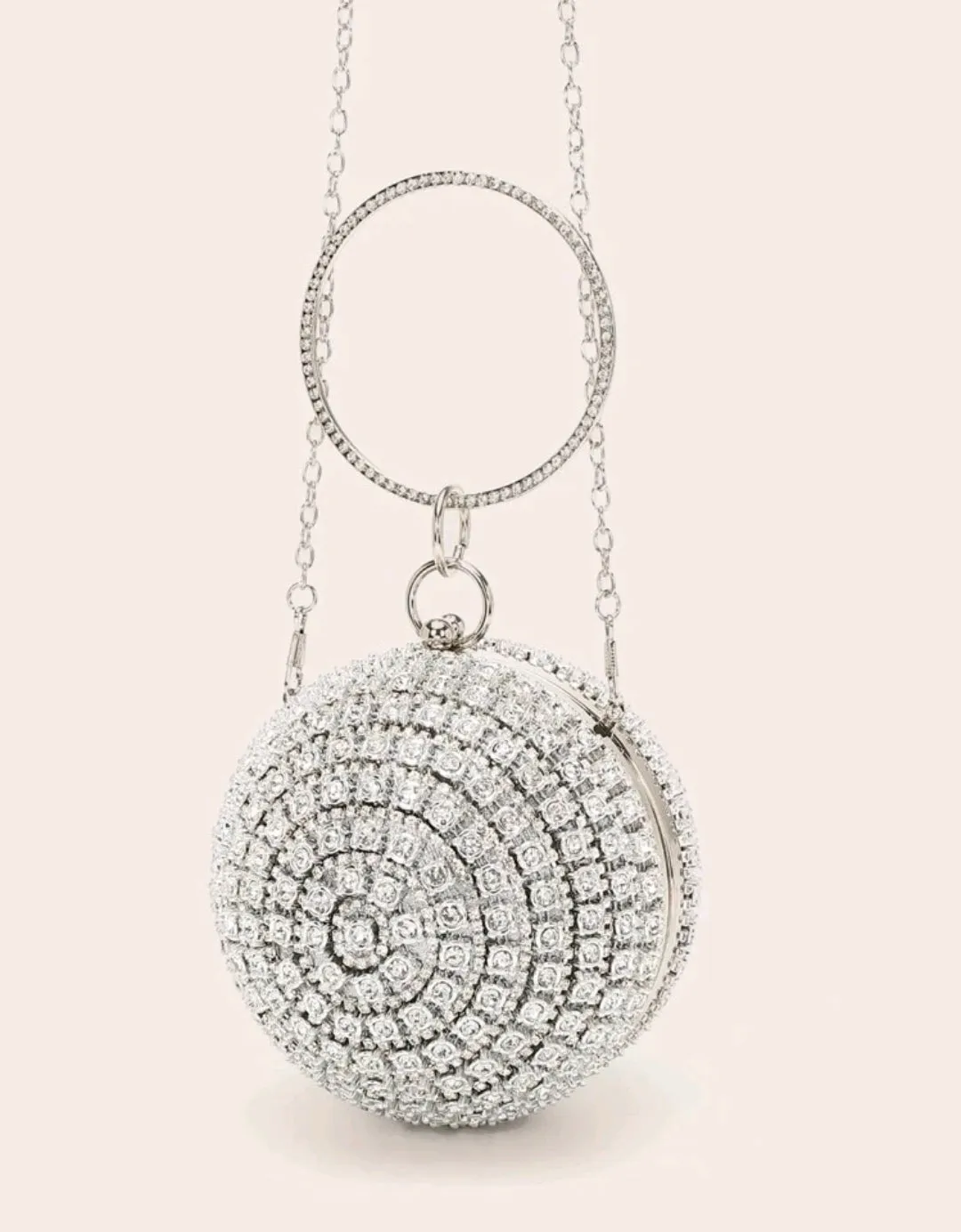 Silver rhinestone decor top ring circle bag.