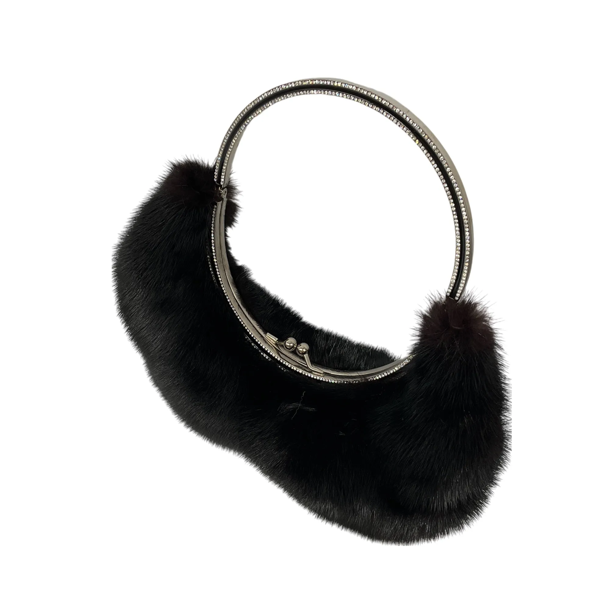 Valentino Black Crystal Embellished Mink Fur Evening Bag