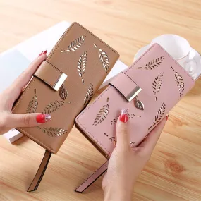 Women Wallet PU Leather Purse Female Long Wallet Gold Hollow Leaves Pouch Handbag For Women Coin Purse Card Holders Clutch